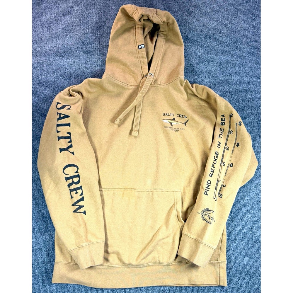 Salty Crew Mens L Tan Fleece Pullover Hoodie Shark Graphic Logo Pocket